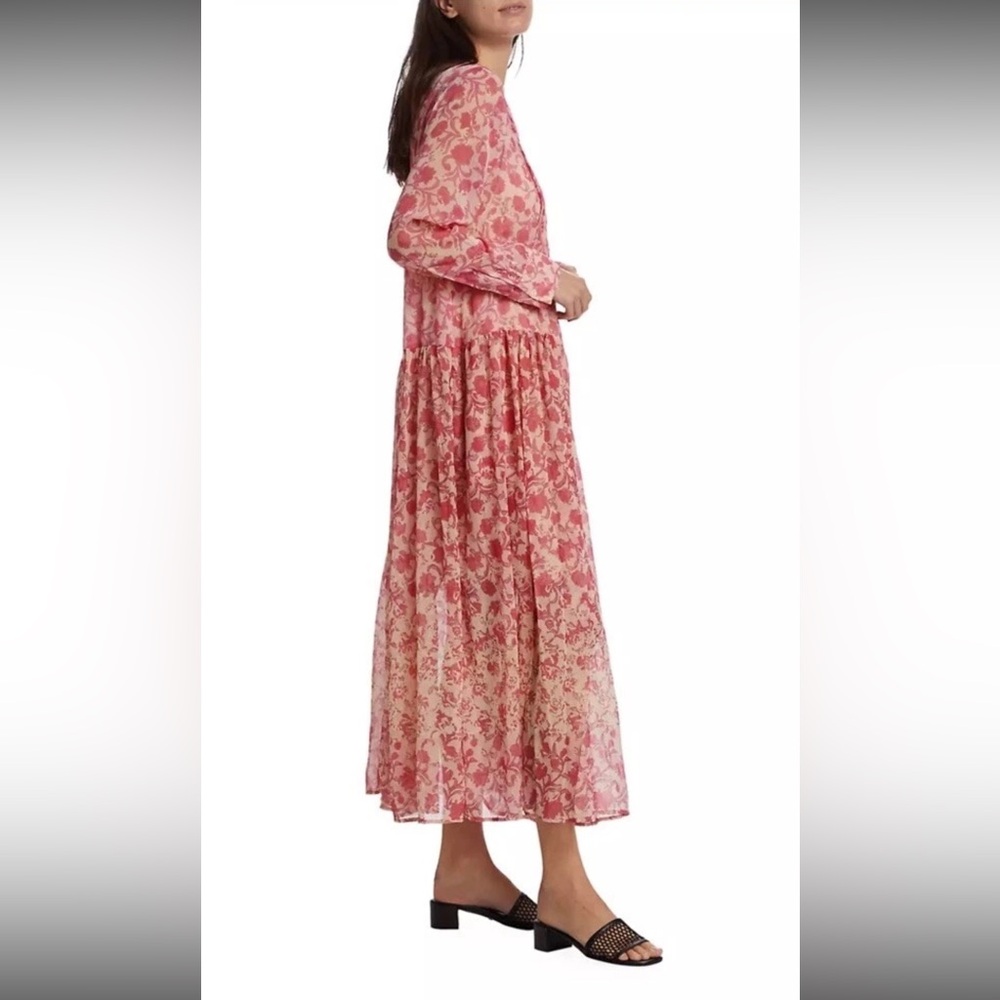 Free People Pink and White Pleated Tiered Sundress with Bishop Sleeves - Picture 2 of 14